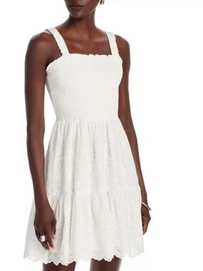 Steve Madden Preston White Eyelet Midi Dress Smocked Cotton Boho Size M NEW